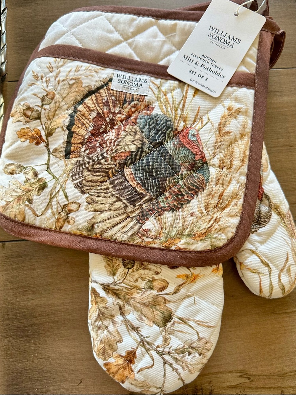 Williams Sonoma Autumn Plymouth Turkey Oven Mitt and Potholder Set